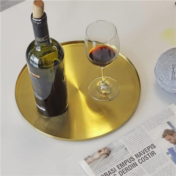 Gold Tray Serving Platter,Circle Metal DecorativeTray for Vanity Counter Kitchen - Picture 7 of 8